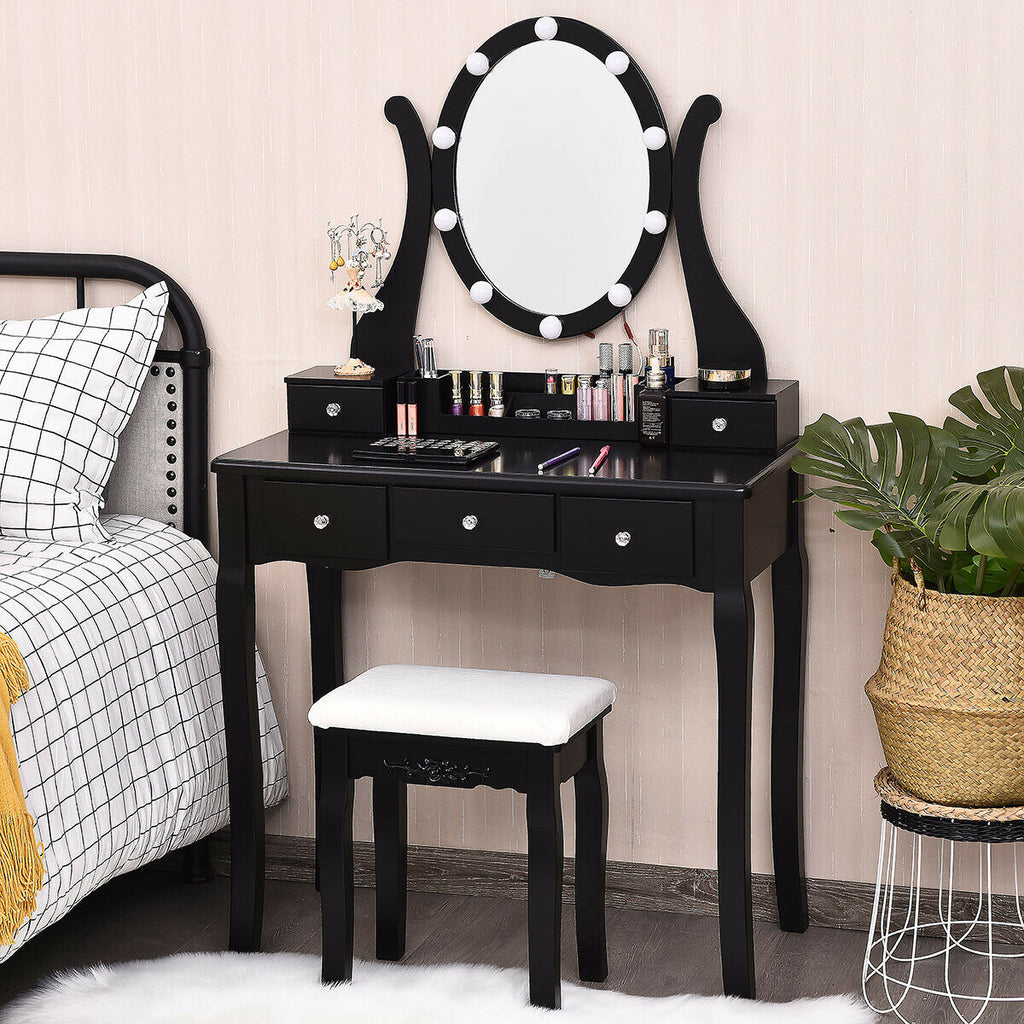 Dimmable Vanity Table with Lighted Mirror and Cushioned Stool, Black