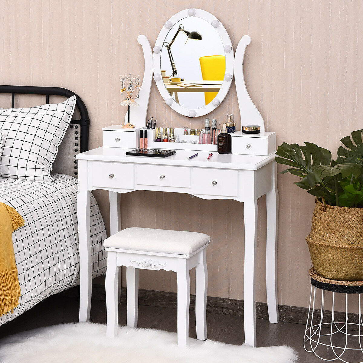 Dimmable Vanity Table Set with Lighted Mirror and Cushioned Stool, White