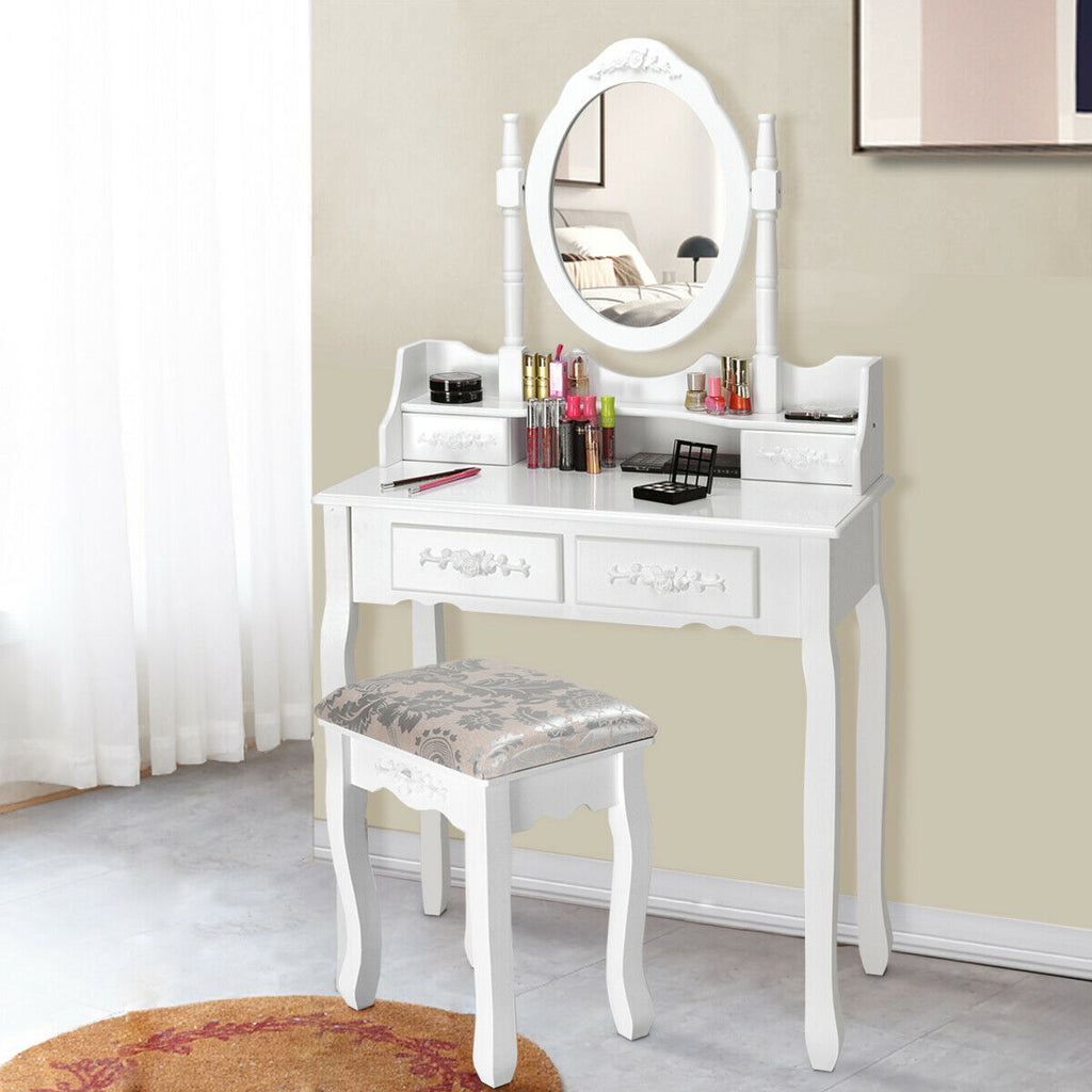 Vanity Table Set with Oval Mirror and 4 Drawers, White