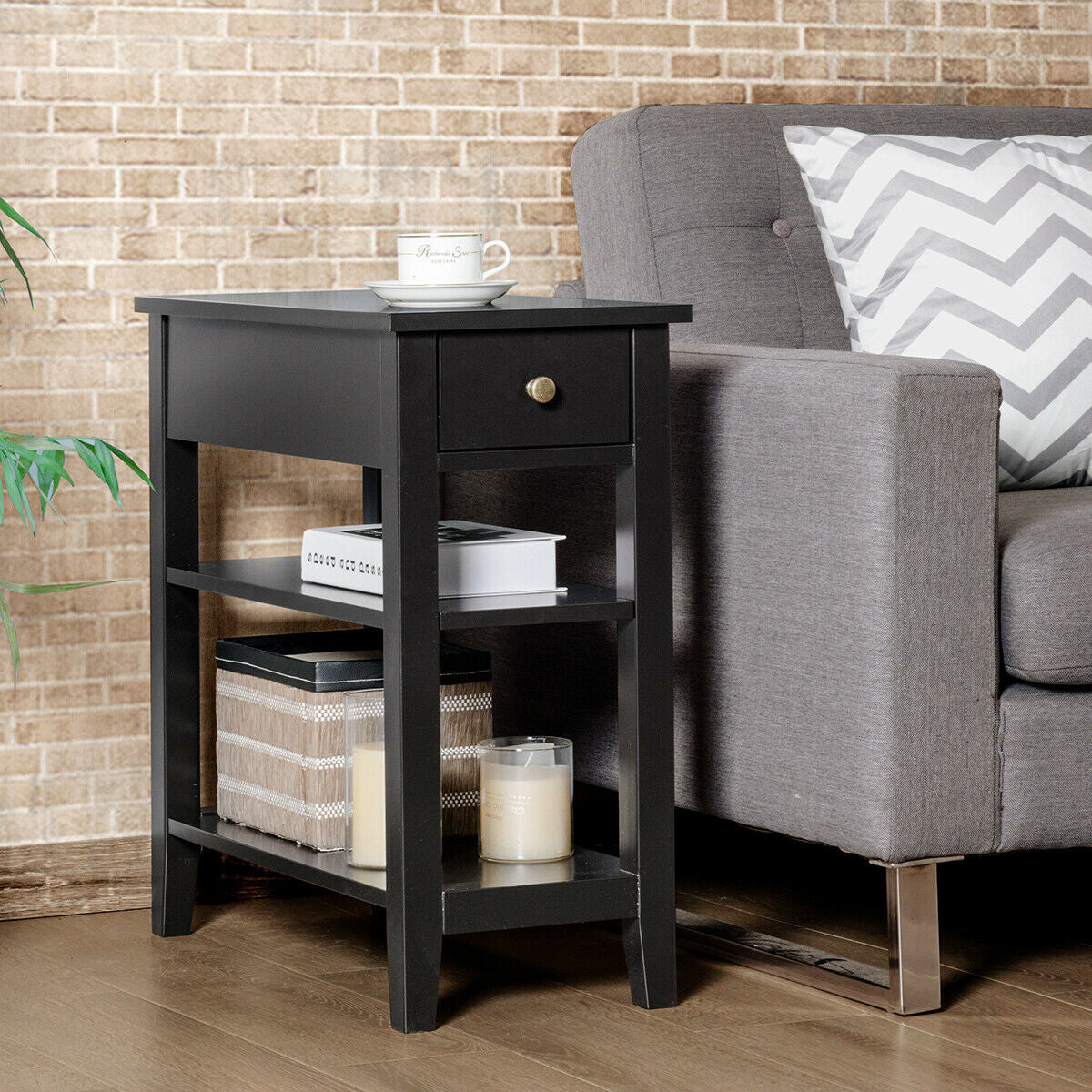 3-Tier End Table with Drawer & Shelves – Black
