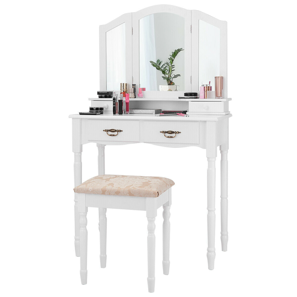 Makeup Vanity Set with Tri-Fold Mirror, 4 Drawers & Stool - White