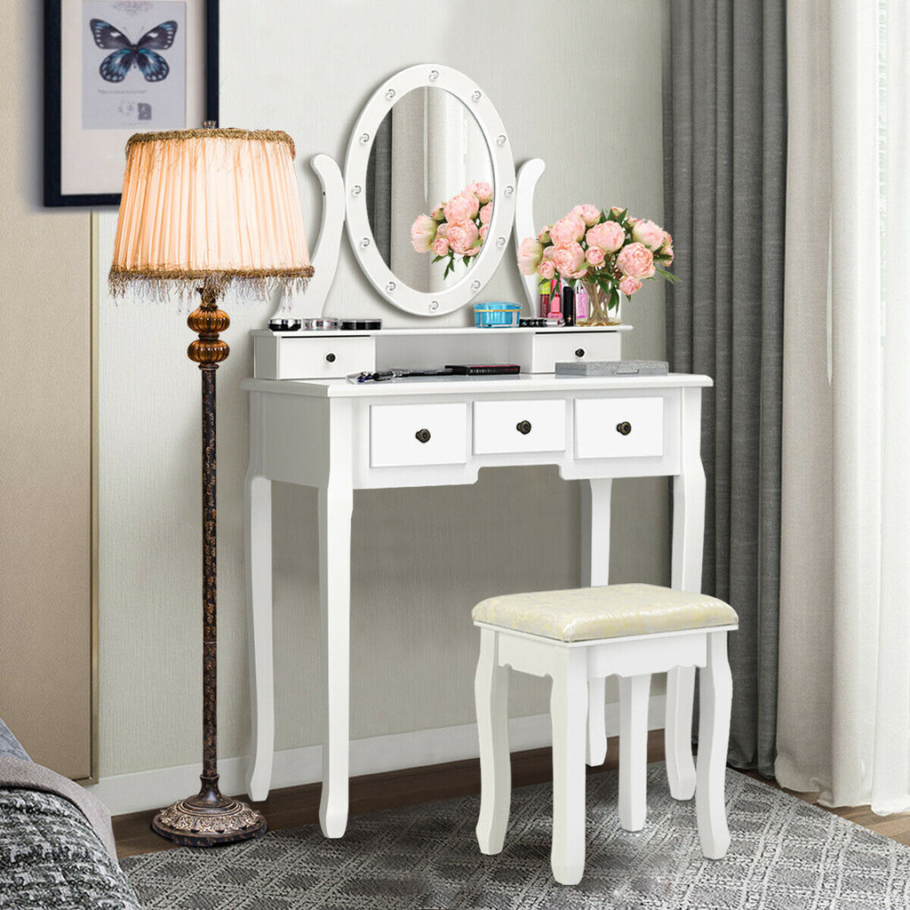 5-Drawer Vanity Table Set with Stool & 12-LED Bulbs, White