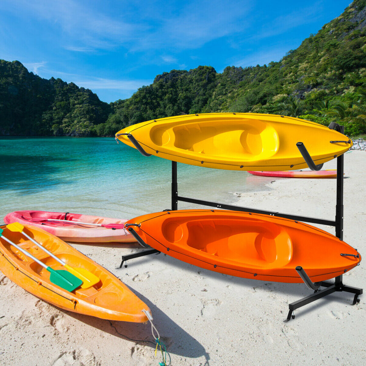 Dual Kayak Storage Rack - Height Adjustable Freestanding Boat Rack with Hooks