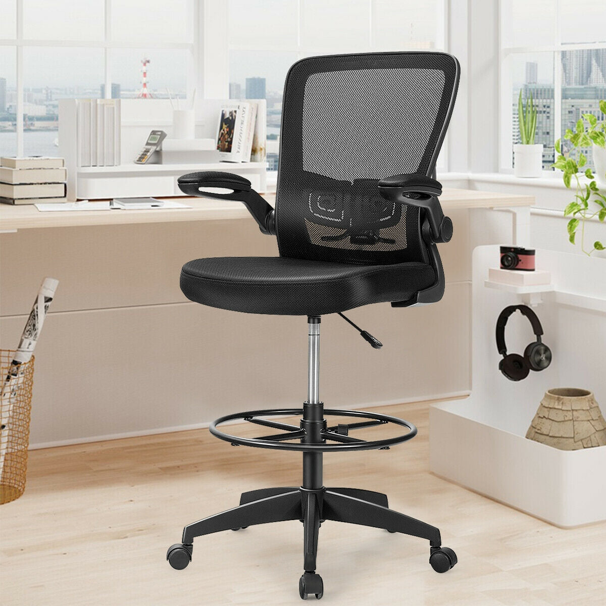 Height Adjustable Drafting Chair with Flip-Up Arms, Black