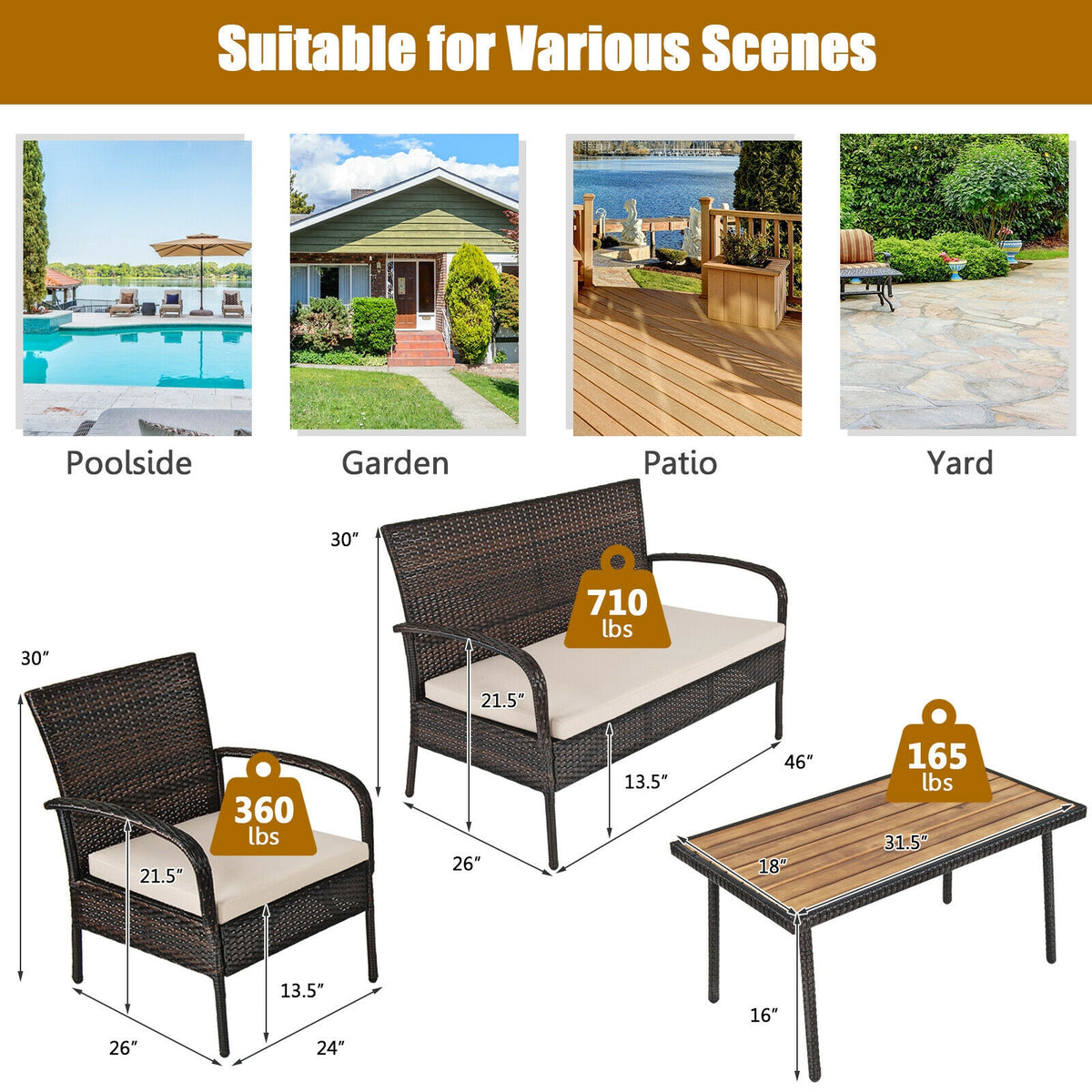 4-Piece Patio Cushioned Wicker Conversation Set with Acacia Wood Tabletop