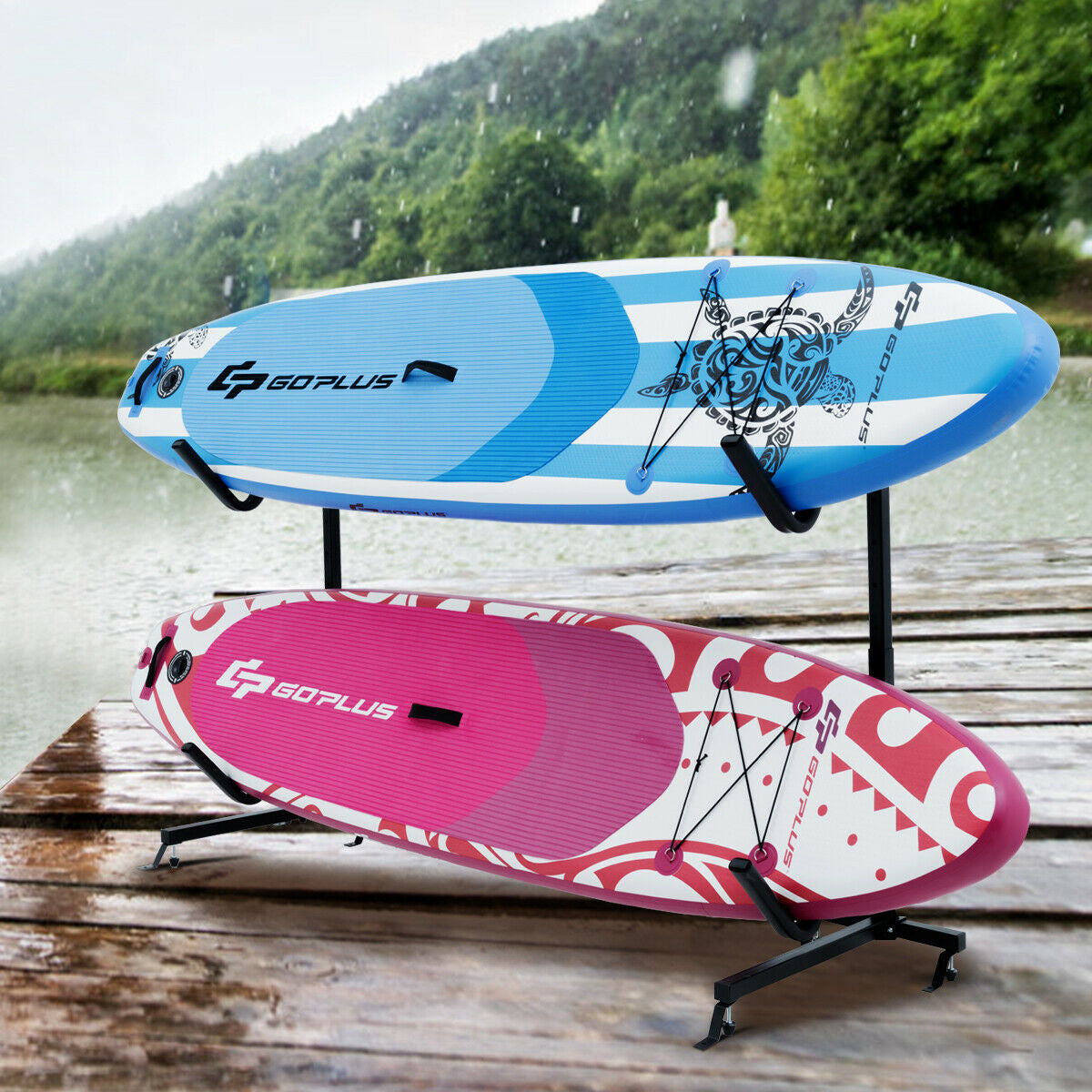 Dual Kayak Storage Rack - Height Adjustable Freestanding Boat Rack with Hooks