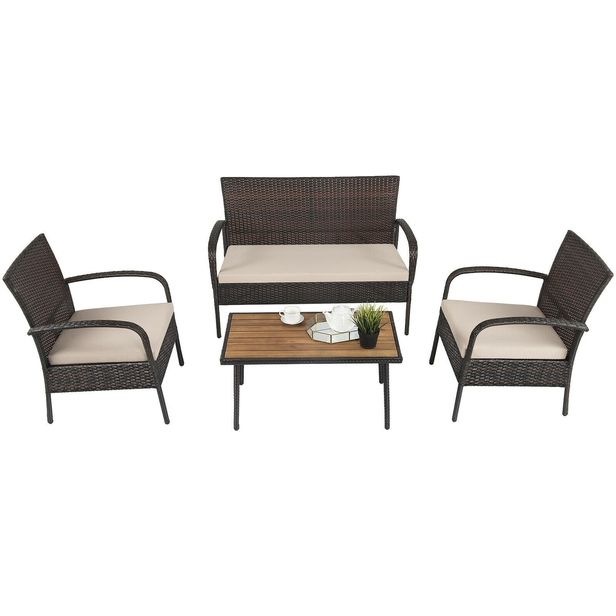 4-Piece Patio Cushioned Wicker Conversation Set with Acacia Wood Tabletop