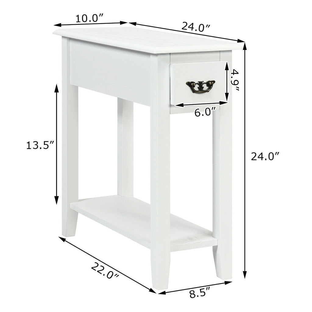 2-Tier Sofa Side Table with Drawer and Open Shelf, Set of 2, White
