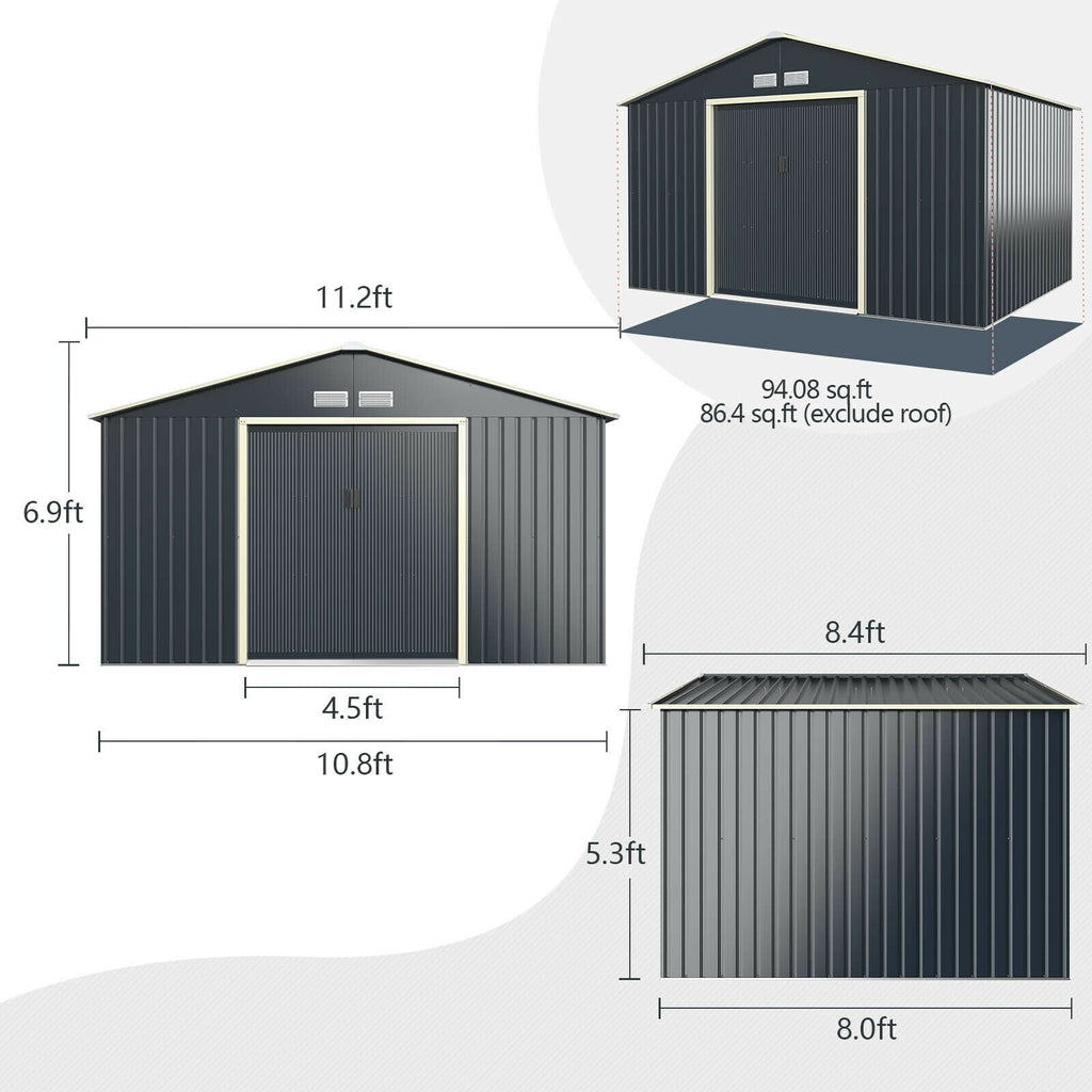 11 x 8 Feet Metal Storage Shed for Garden and Tools with 2 Lockable