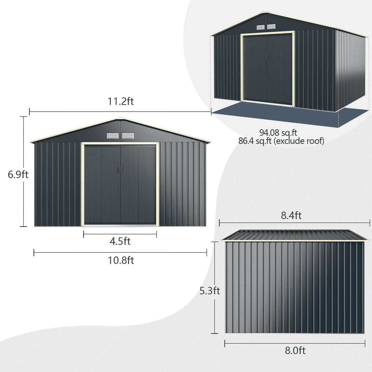 11 x 8 Feet Metal Storage Shed for Garden and Tools with 2 Lockable