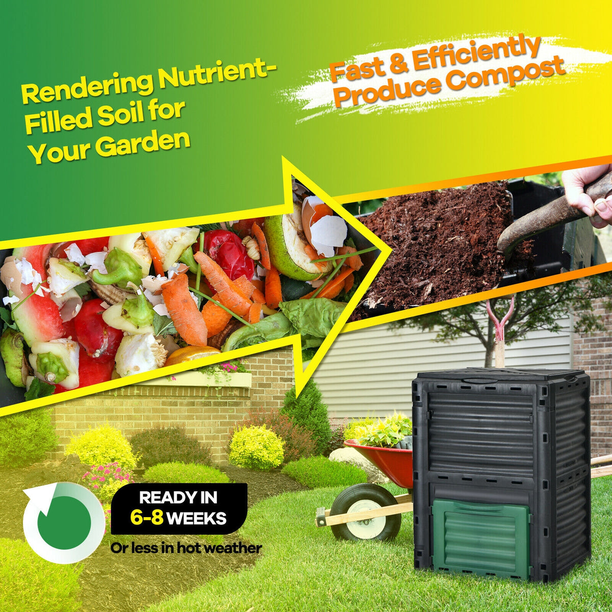 80-Gallon Outdoor Composter with Large Openable Lid and Bottom Exit