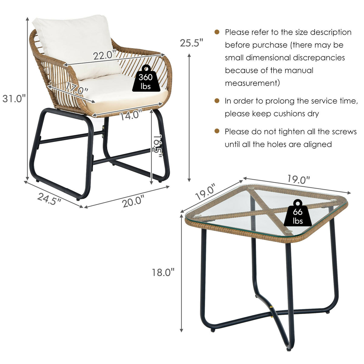 3-Piece Patio Bistro Set with 2 Rattan Chairs and Square Glass Coffee