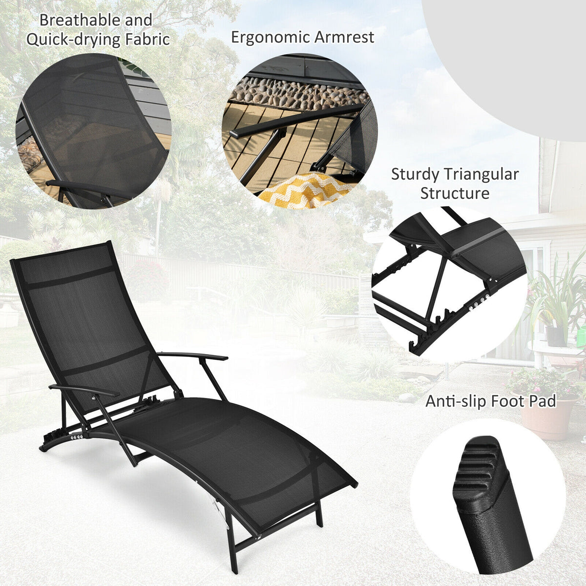 Patio Folding Stackable Chaise Lounge Chair with Armrest - Black