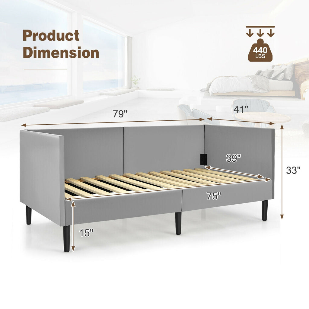 Velvet Twin Daybed Frame with Wood Slat Support – Gray