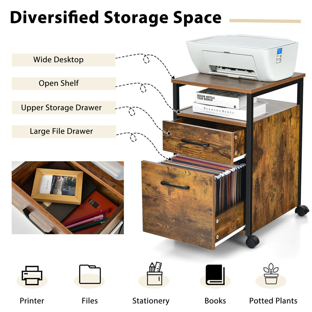 2-Drawer Mobile File Cabinet with Printer Stand – Rustic Brown