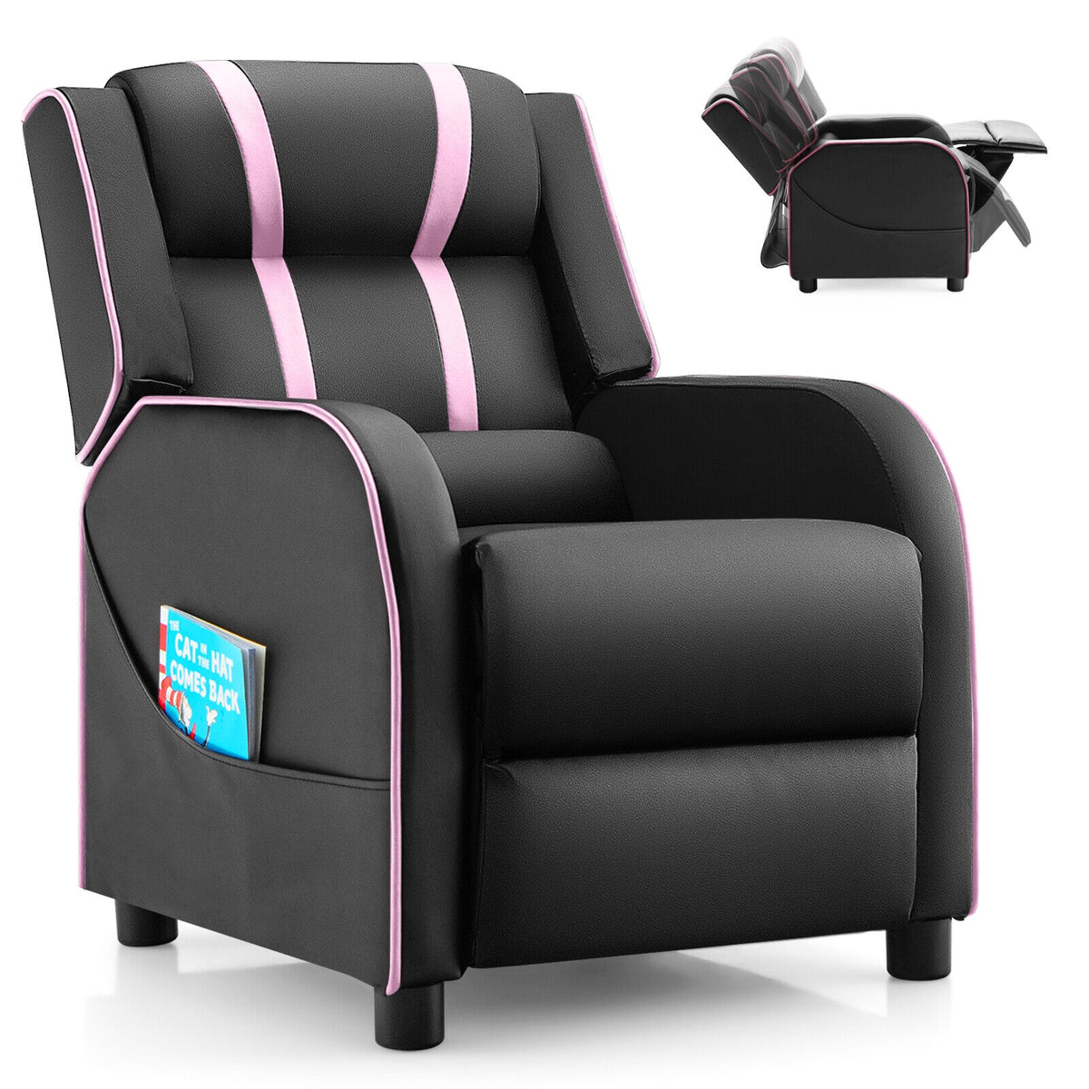 Kids Recliner Chair with Side Pockets & Footrest - Style G Pink