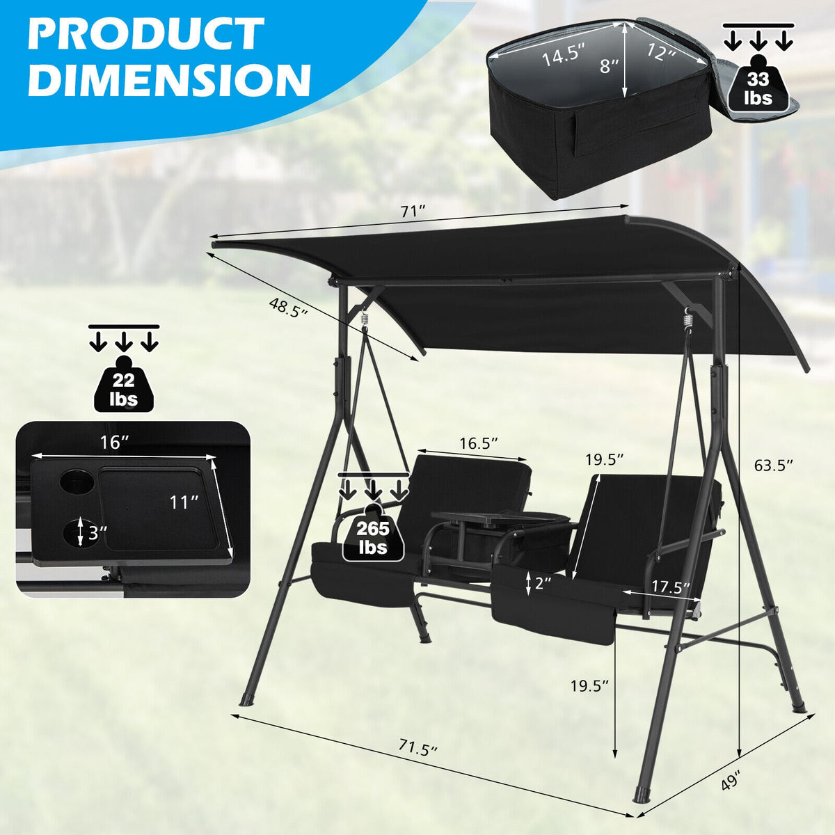 2-Seat Porch Swing with Canopy and Table - Black