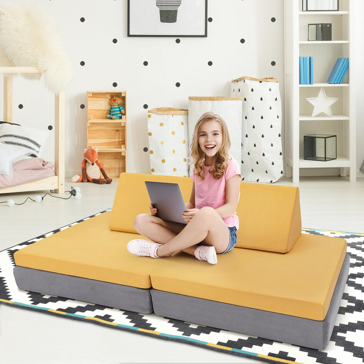 Girls Boys Modular Sofa Play Couch Set with 2 Folding Mats & 2 Triangular Pillows - Blue, 4 Pieces