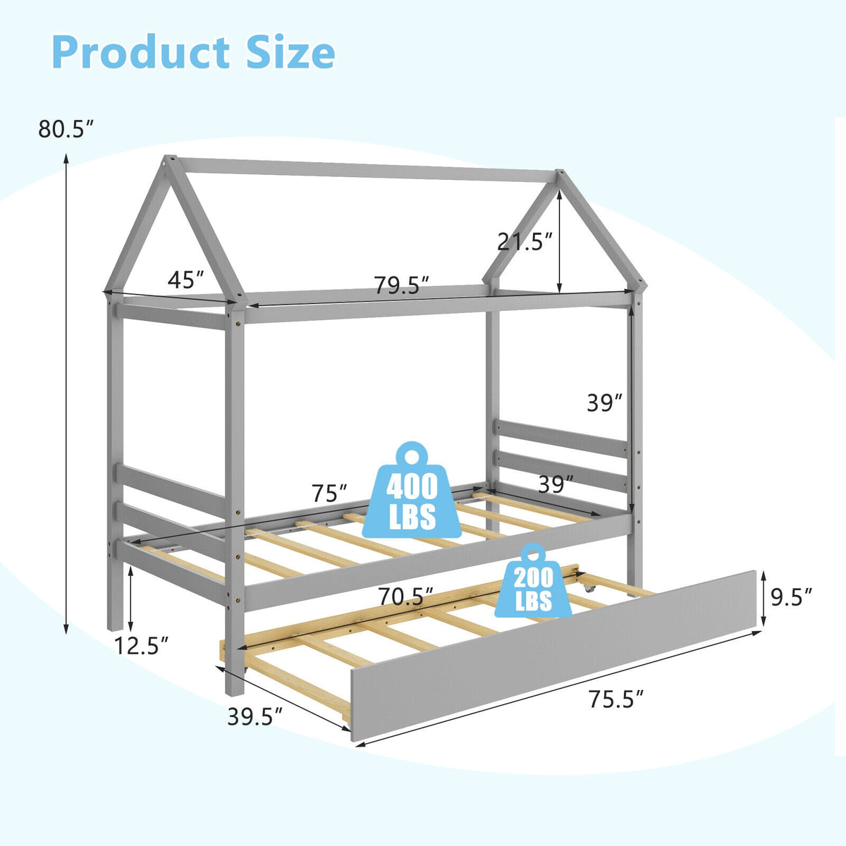 Kids Platform Bed Frame with Roof - Gray