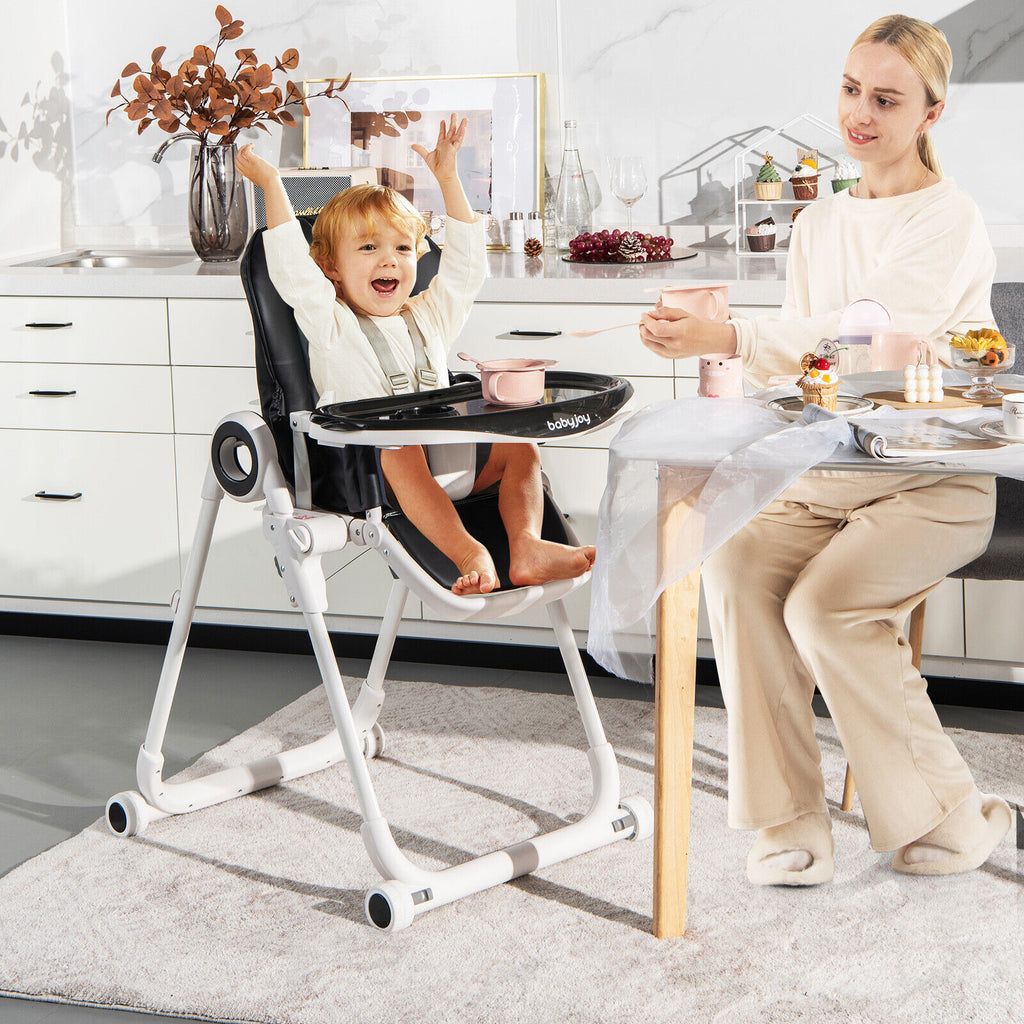Baby High Chair Foldable Feeding Chair with Lockable Wheels - Black