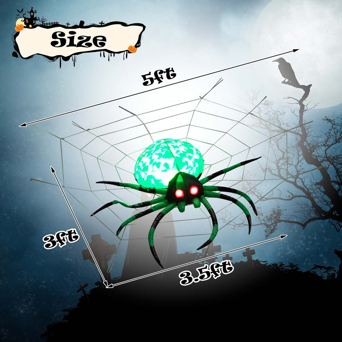 Inflatable Halloween Spider with Cobweb and LED Lights - 3.5 Feet Long Yard Decor