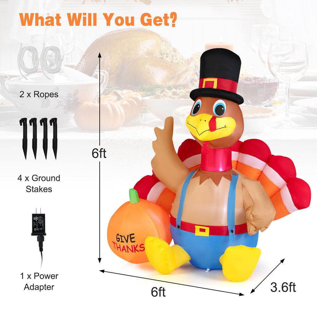 6 Feet Inflatable Thanksgiving Turkey and Pumpkin Yard Decor with Lights