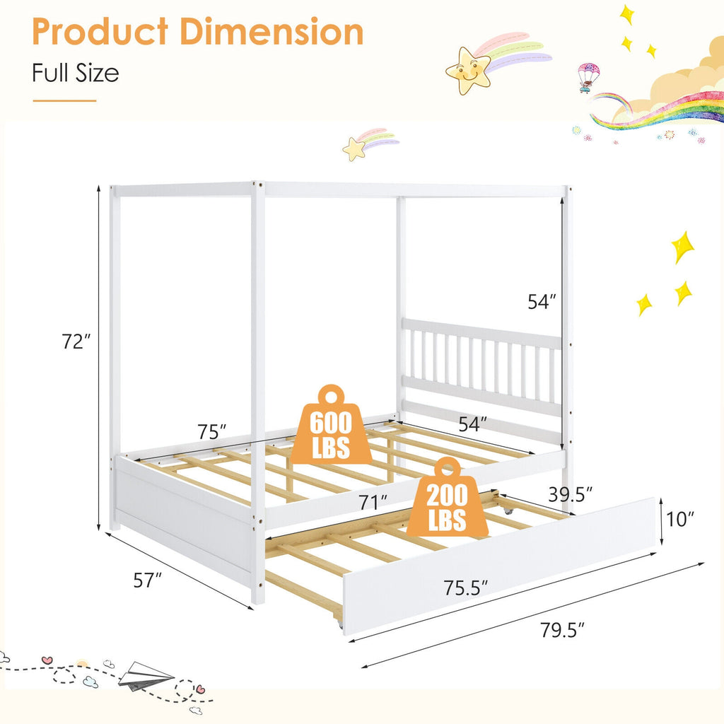 Full Size Canopy Bed Frame with Trundle & Headboard - White