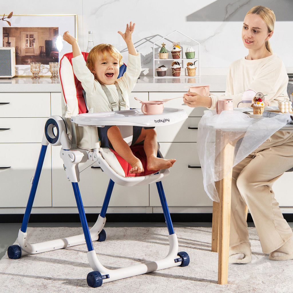 Baby High Chair Foldable Feeding Chair with Lockable Wheels - Black
