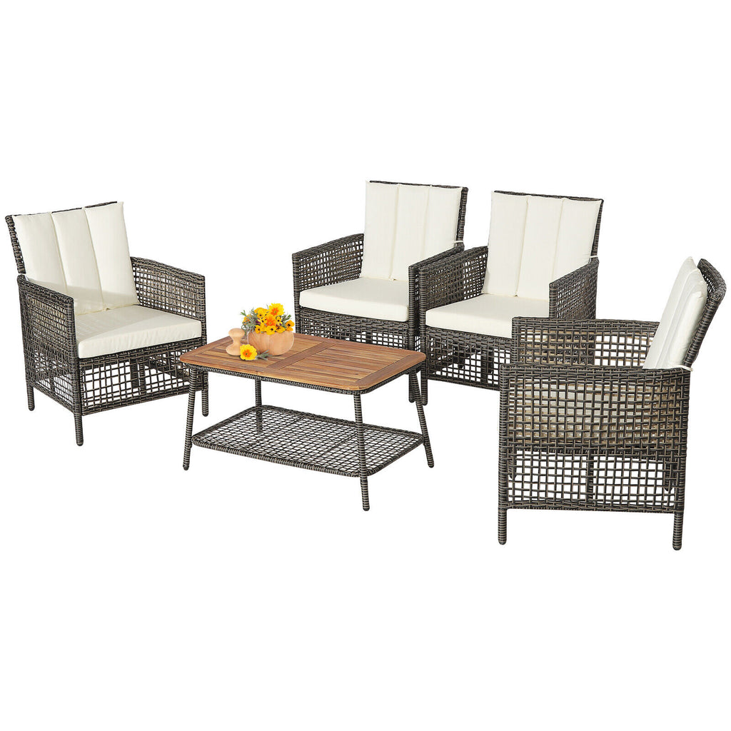 5 Pieces Patio Rattan Furniture Set Cushioned Sofa Armrest Wooden