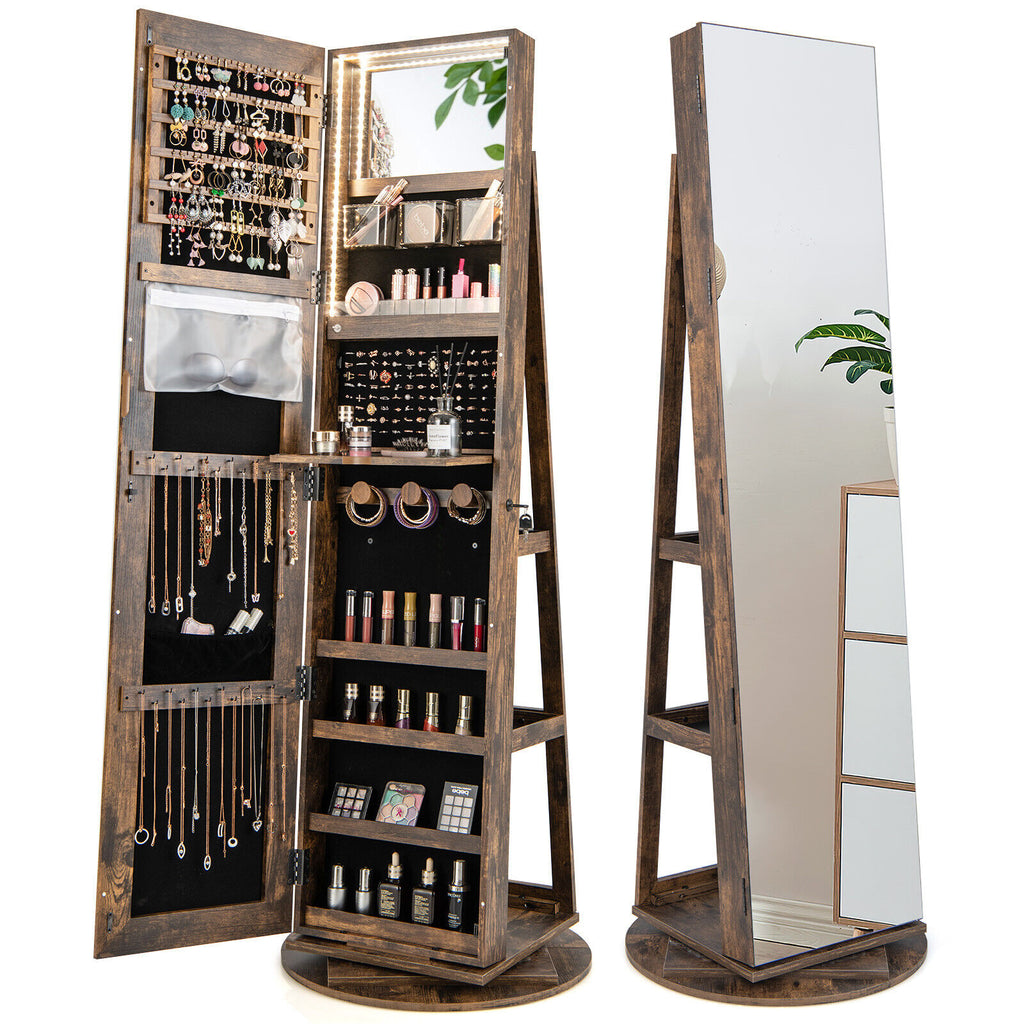 360° Rotating Jewelry Cabinet with Mirror & LED Light - Brown, 5 Shelves