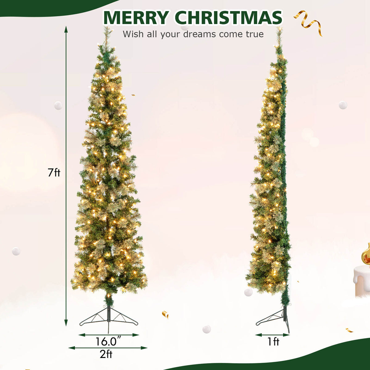 7ft Pre-Lit Half Christmas Tree with Pine Needles & 150 Warm White Lights