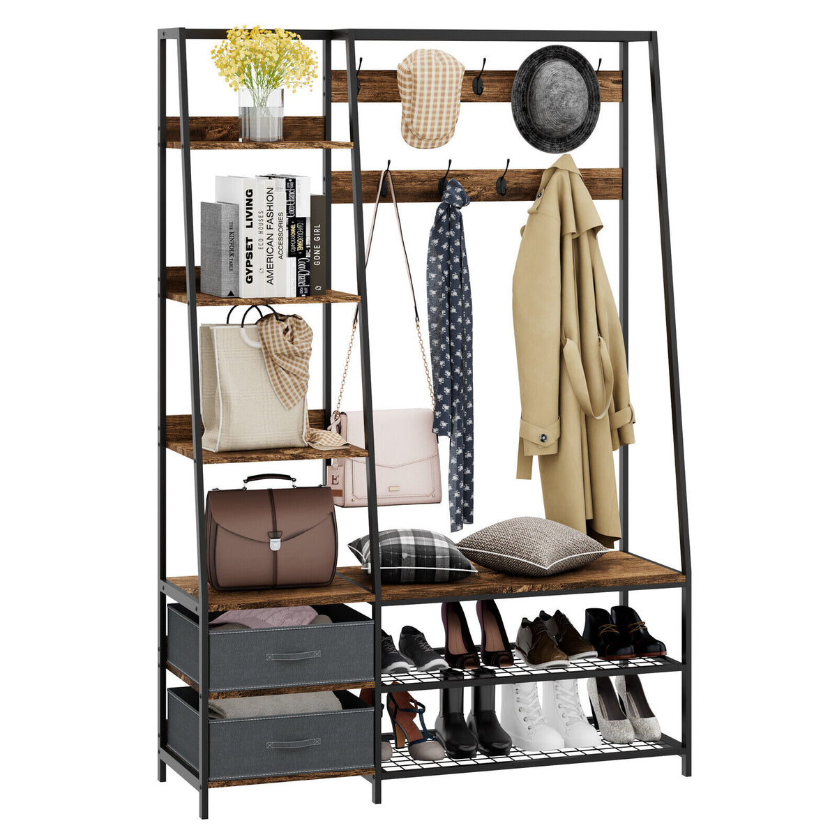 Hall Tree Coat Rack with Bench & Storage - Rustic Brown