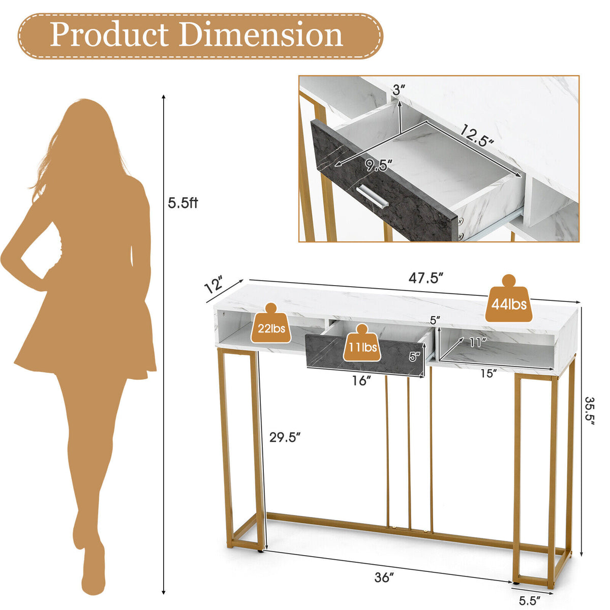 48 Inch 2-Tier Console Table with Drawer, White