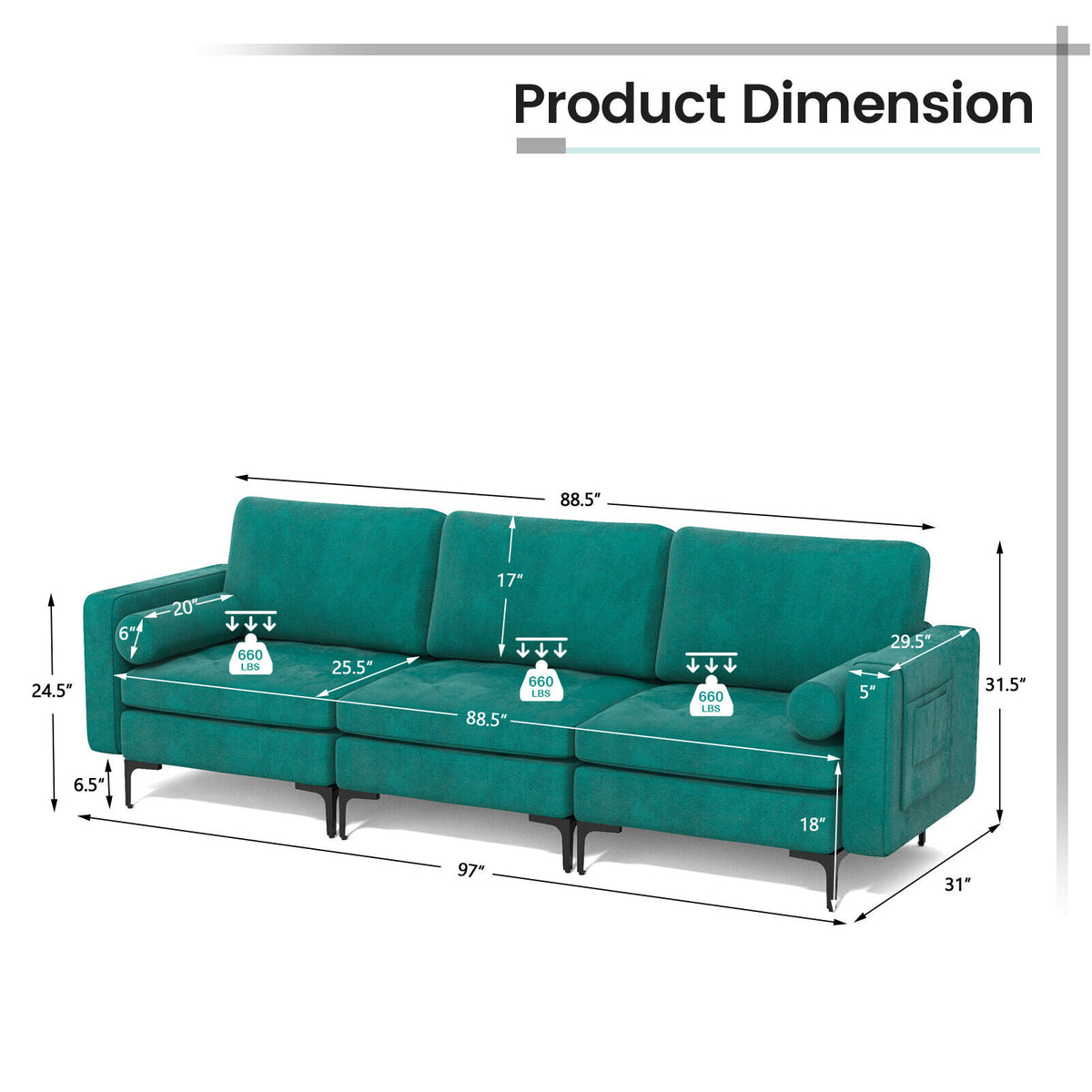 3-Seat Sofa with USB Ports and Storage - Teal