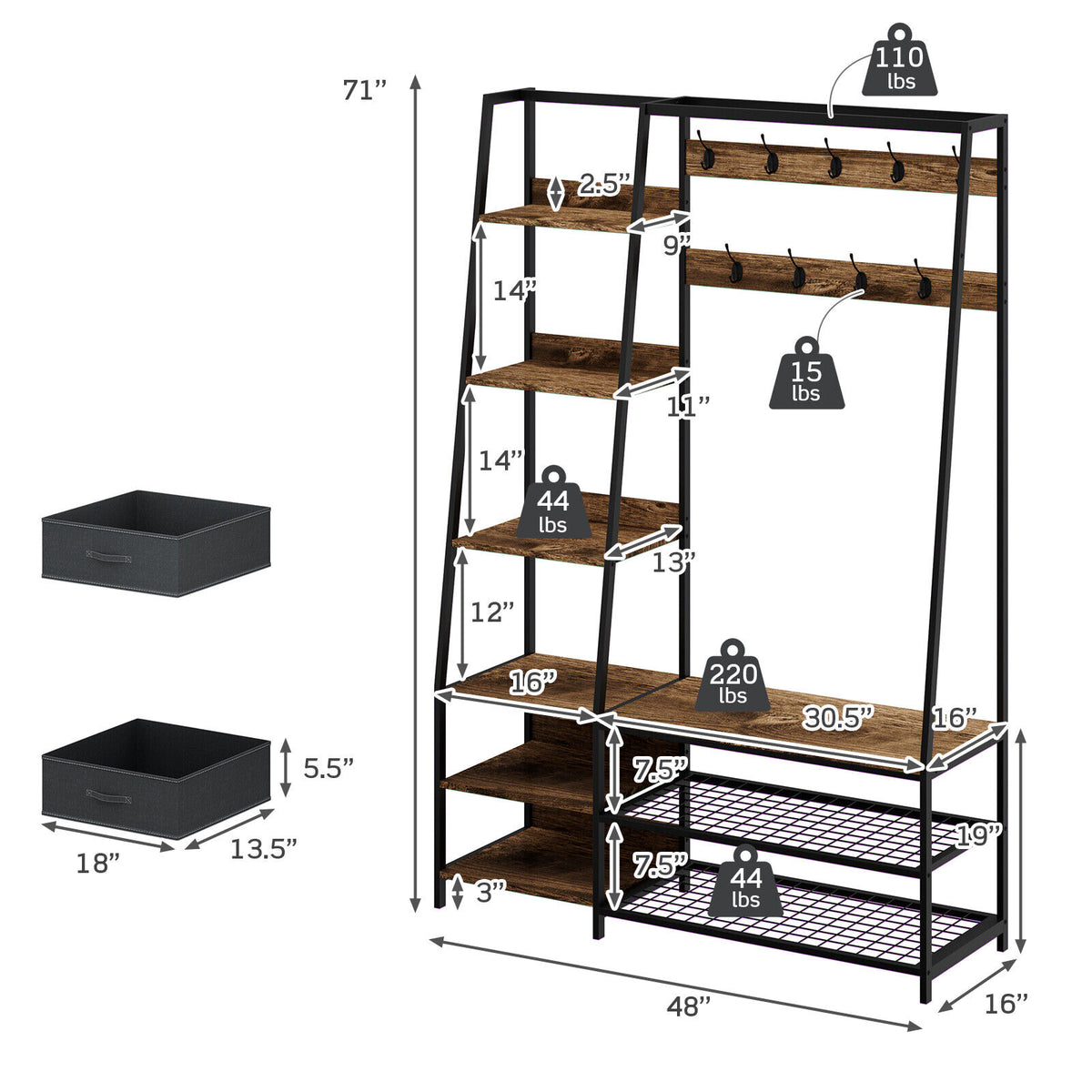 Hall Tree Coat Rack with Bench & Storage - Rustic Brown