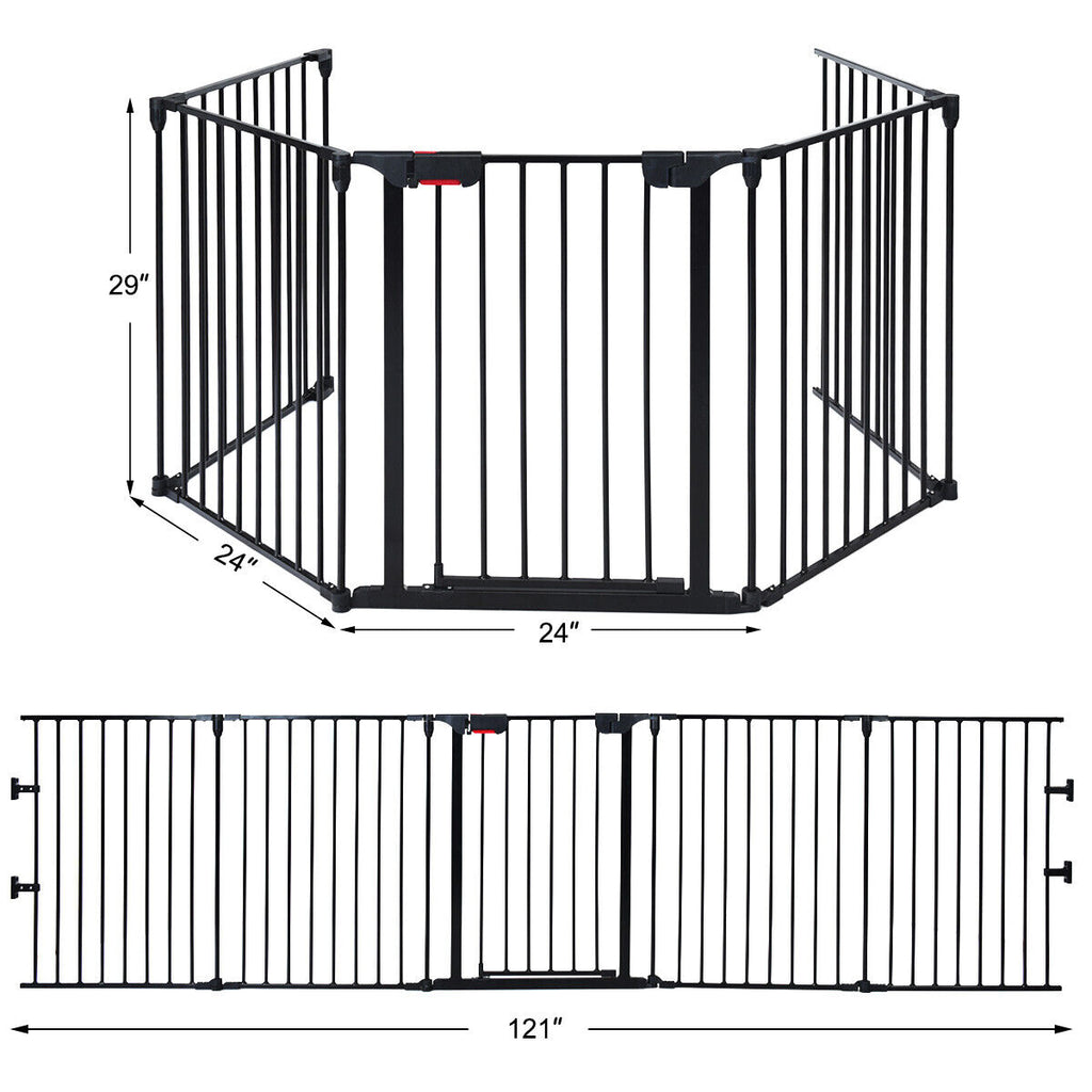 5-Panel Adjustable Metal Fireplace Fence with Locking Door - Black, 115 Inch