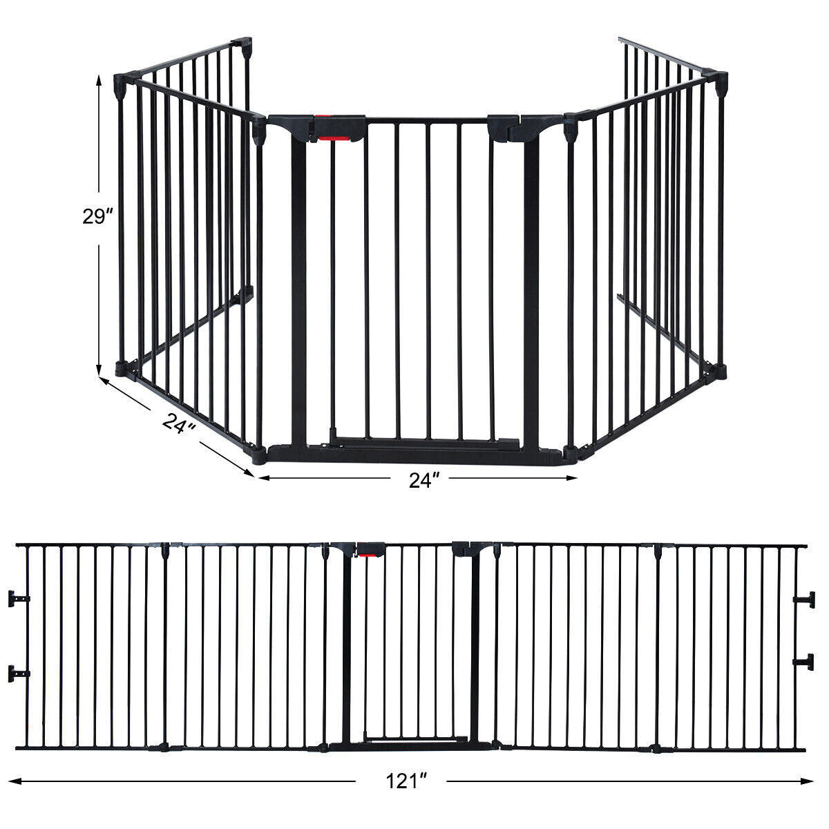 5-Panel Adjustable Metal Fireplace Fence with Locking Door - Black, 115 Inch