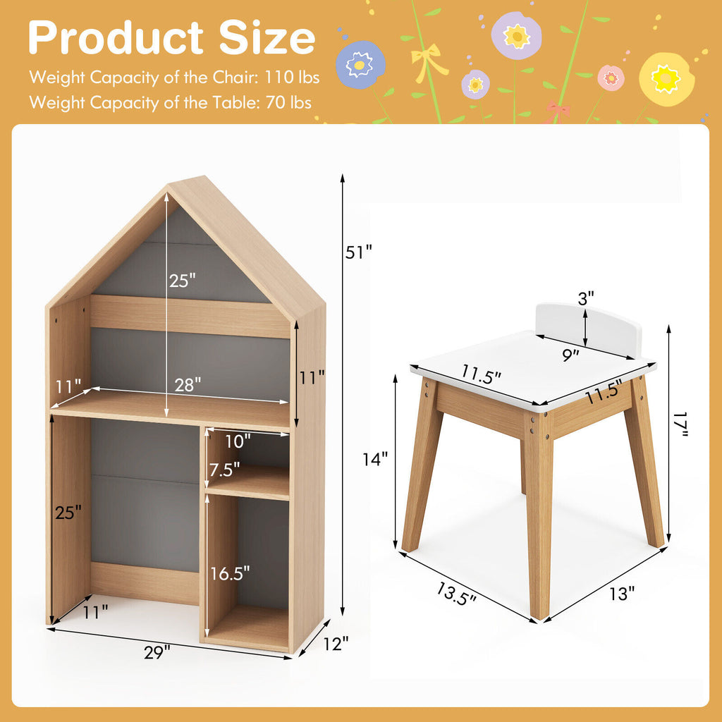 Kids House-Shaped Table and Chair Set with Storage - Gray Variation