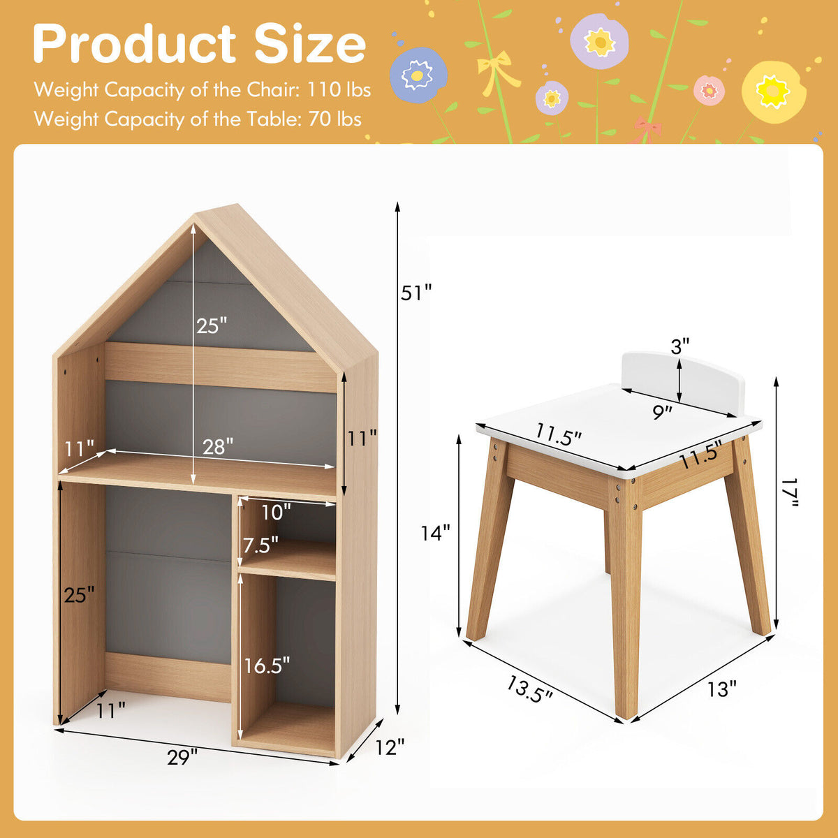 Kids House-Shaped Table and Chair Set with Storage - Gray Variation