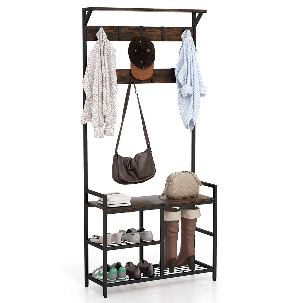 71 Inch Freestanding Hall Tree with Shoe Bench and 9 Removable Hooks