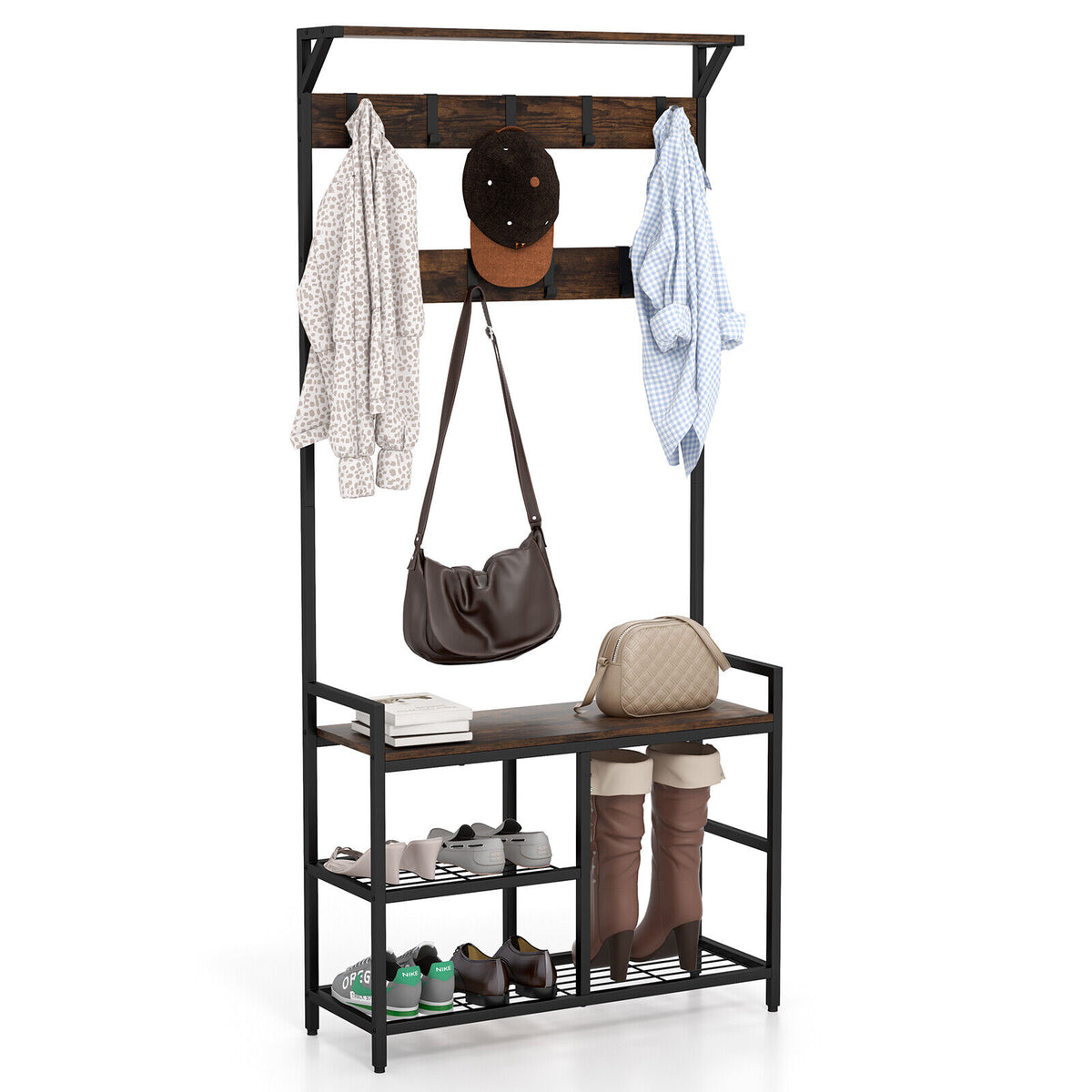 71 Inch Freestanding Hall Tree with Shoe Bench and 9 Removable Hooks
