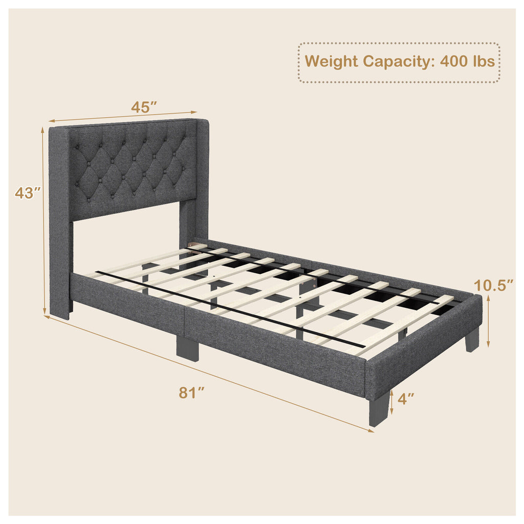 Twin Size Modern Fabric Upholstered Platform Bed with Button Tufted Headboard