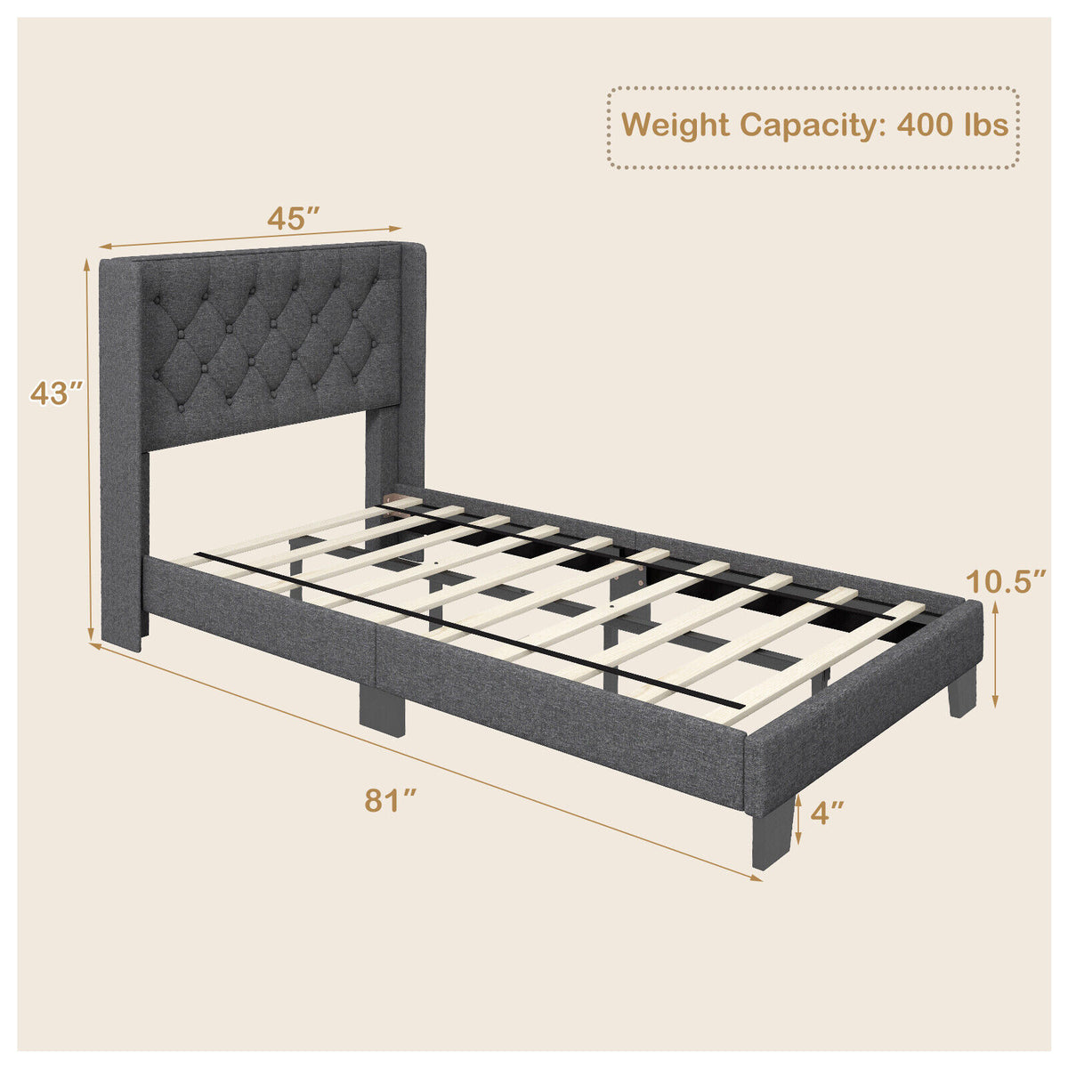 Twin Size Modern Fabric Upholstered Platform Bed with Button Tufted Headboard