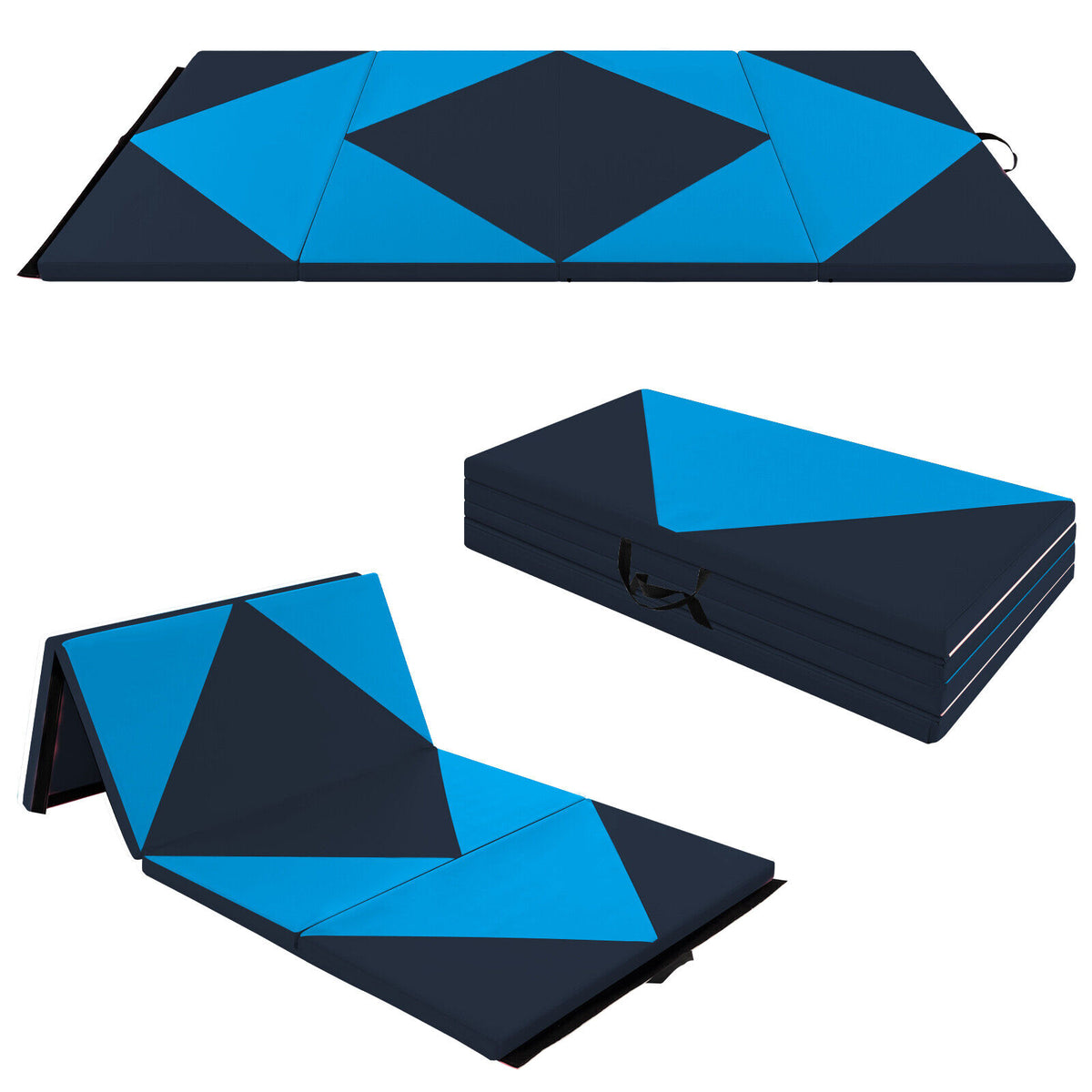 Folding Gymnastics Mat with Hook and Loop Fasteners - 8 Feet PU Leather Support, Black & Pink