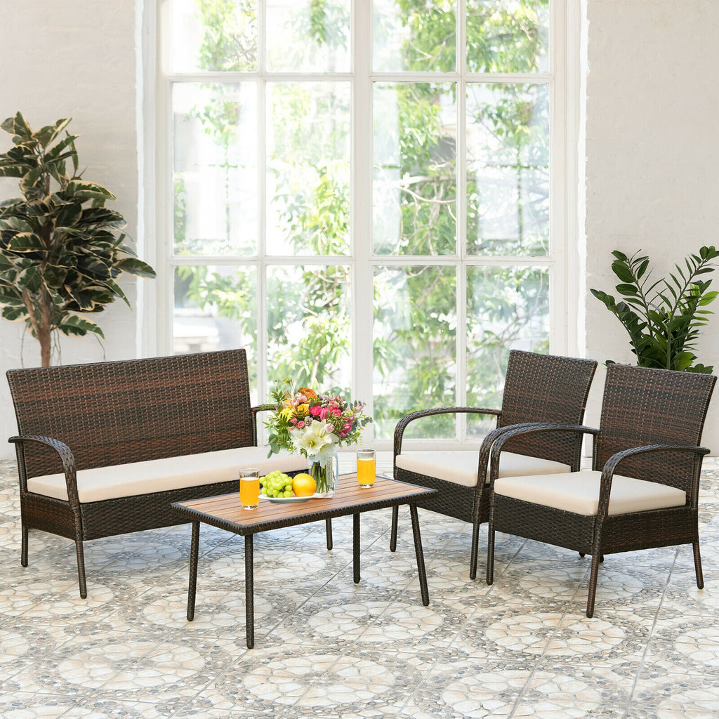 4 Pieces Patio Cushioned Wicker Conversation Set with Acacia Wood