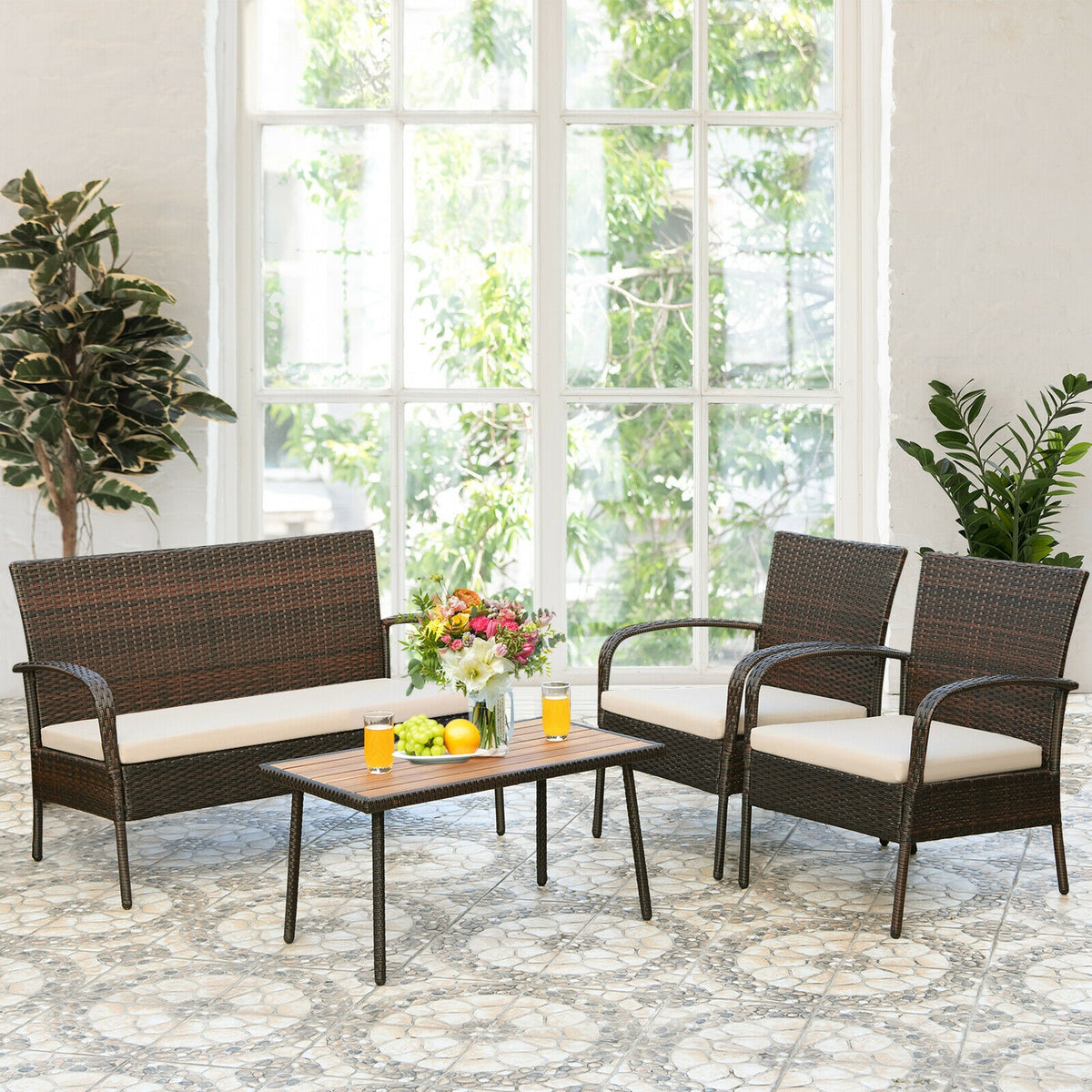 4 Pieces Patio Cushioned Wicker Conversation Set with Acacia Wood