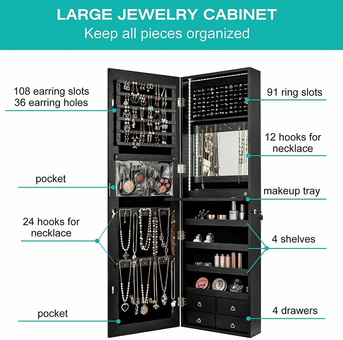 Jewelry & Cosmetics Storage Cabinet - 4 Drawers, Black