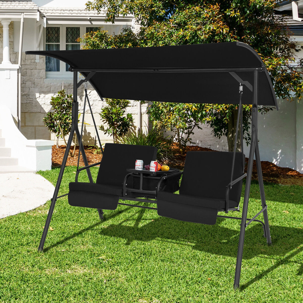 2-Seat Porch Swing with Canopy and Table - Black