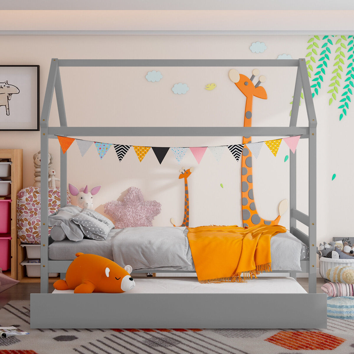 Kids Platform Bed Frame with Roof - Gray