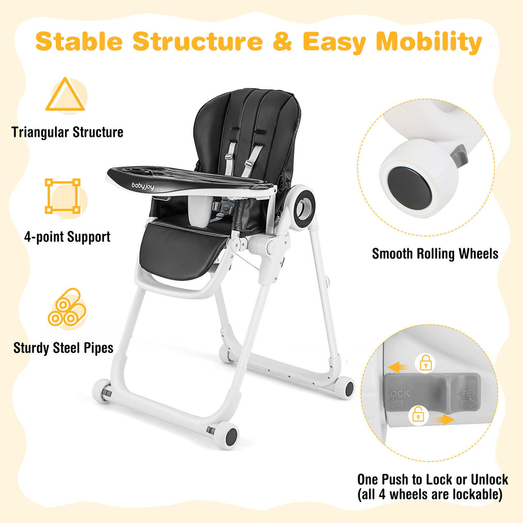Baby High Chair Foldable Feeding Chair with Lockable Wheels - Black
